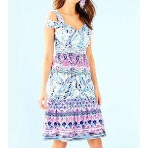 NWT Lilly Pulitzer Iva Midi Cold Shoulder Dress Flock Together BluePink Cotto 12